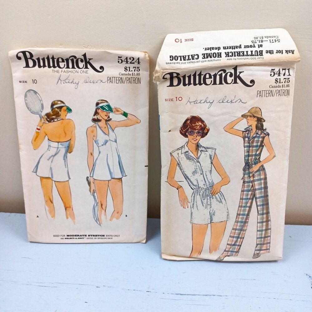 Butterick Vintage Sewing Patterns 5424 & 5471 Size 10 Tennis Dress & Jumpsuit Pa